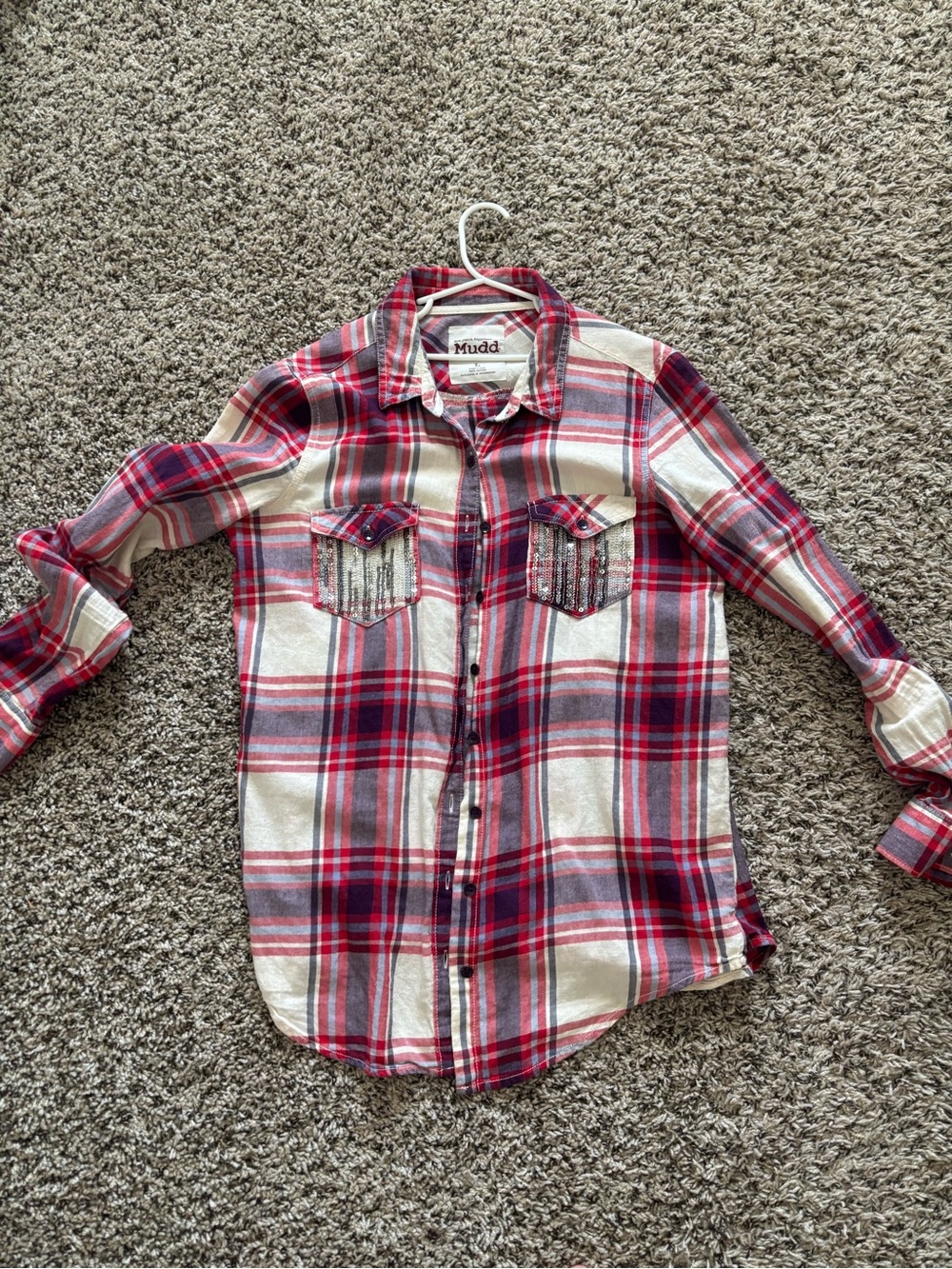 Mudd Red, White and Gray Plaid Button-Down with Sequin Pockets
